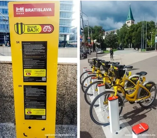 A shared micromobility (bicycles) station in Bratislava, Slovakia